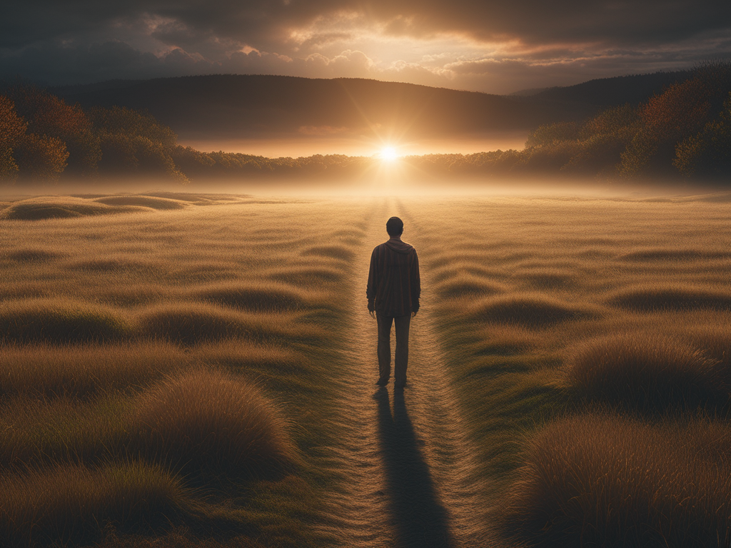 A person walking towards the sunlight